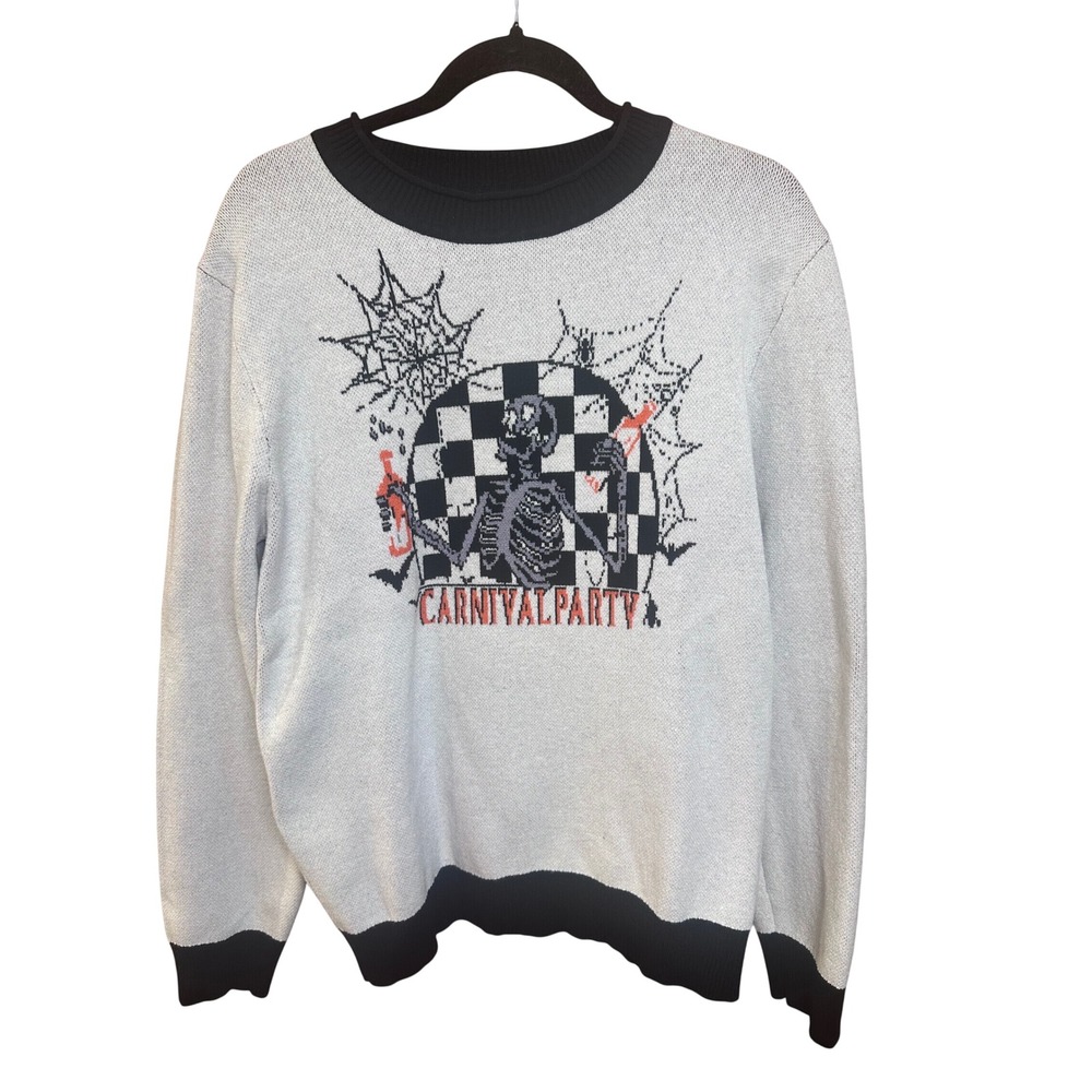 Carnival Party Skeleton Sweater XL Gray Black Goth Checkered Halloween Knit